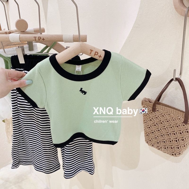 Set Áo Thun Cotton Ngắn Tay Thêu Họa Tiết + Quần Ống Rộng Kẻ Sọc Thời Trang Mùa Hè Hàn Quốc 2022 Mới Cho Bé Gái