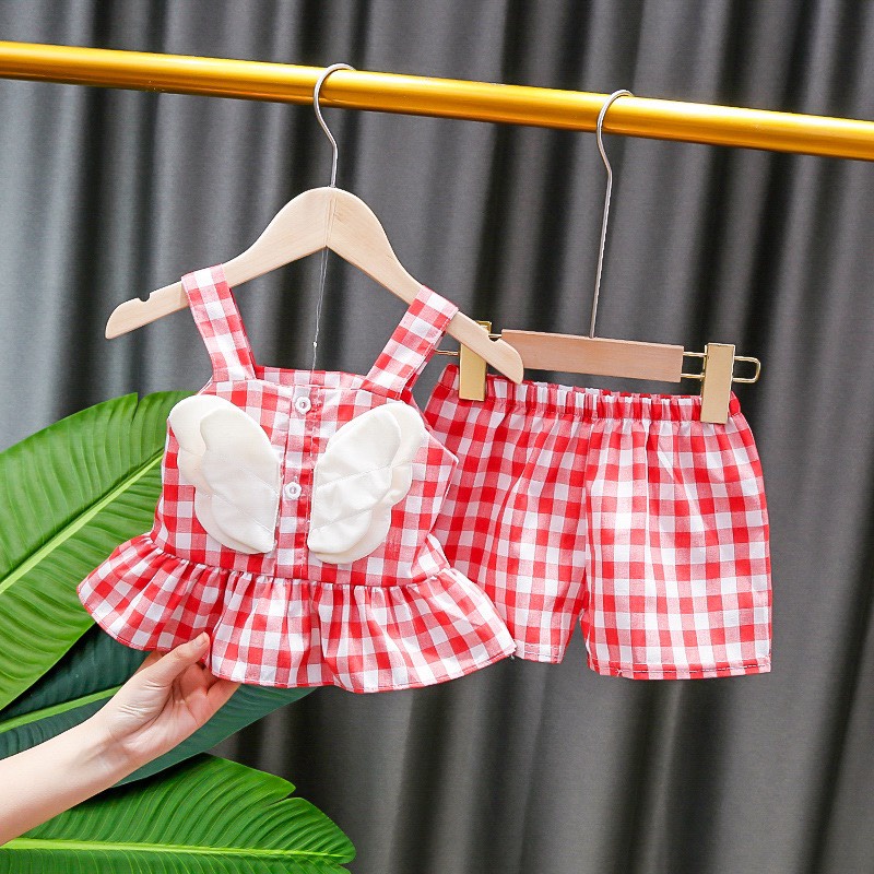 Bộ quần áo cộc bé gái họa tiết kẻ caro cotton mềm mát BC02 - BÉ NHÀ THỊ