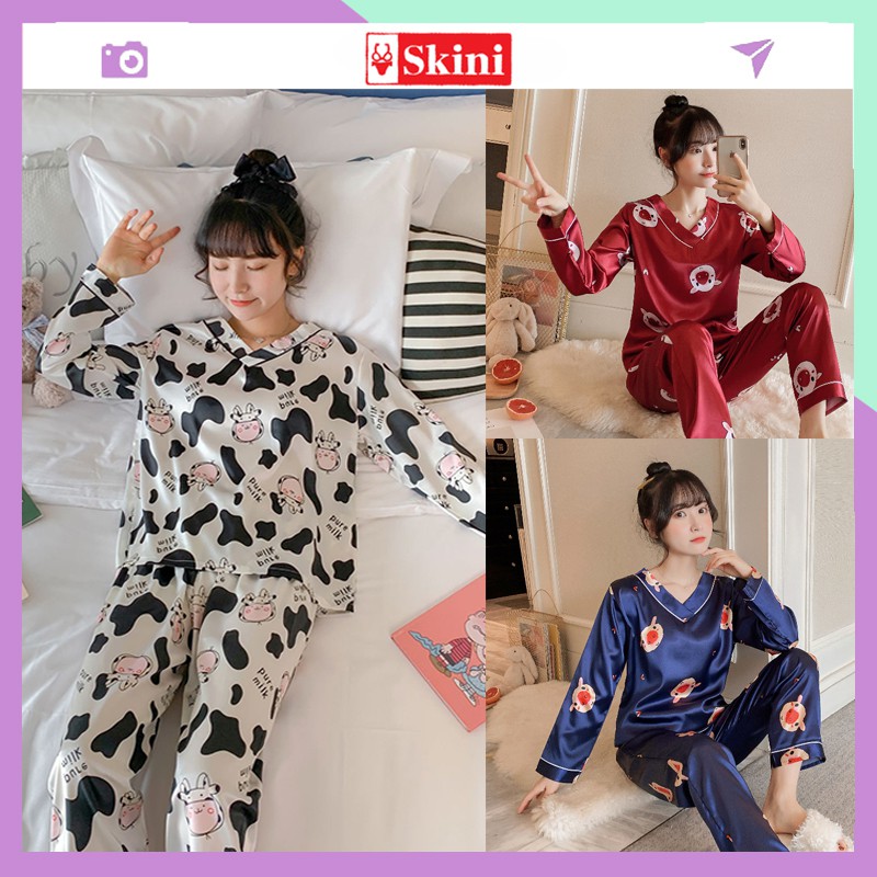 Bộ đồ ngủ pijama dài tay họa tiết chất lụa cao cấp -BNDT68