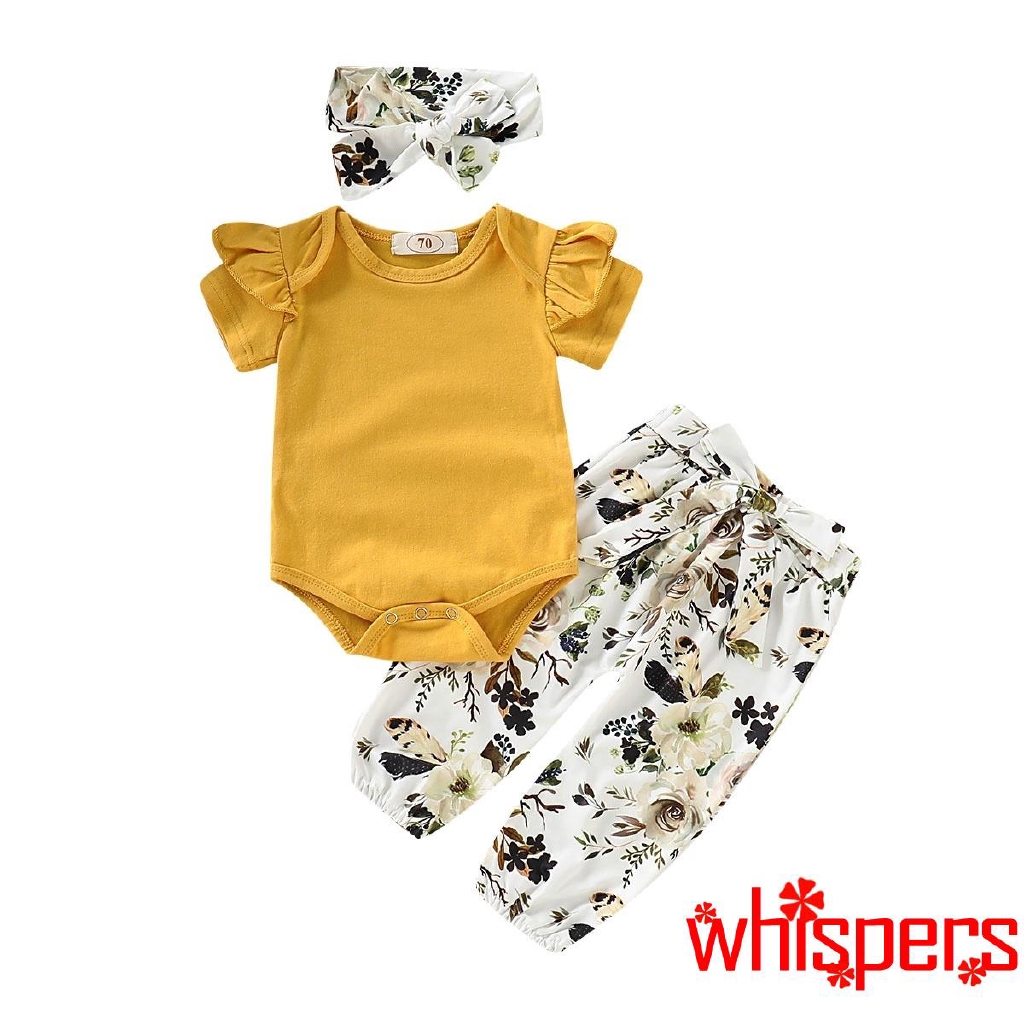 Bộ bodysuit một mảnh + quần dài + băng đô hình hoa dễ thương cho bé sơ sinh