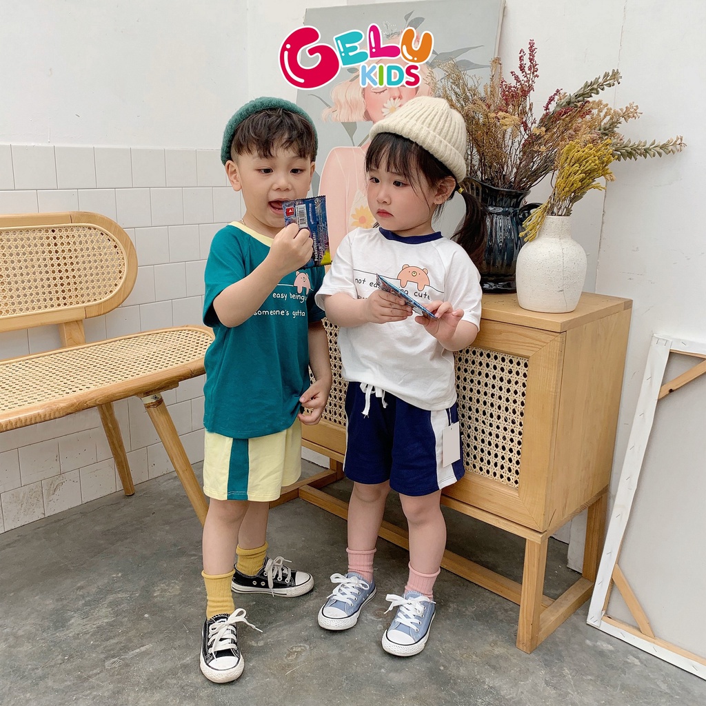 Bộ cộc tay cho bé GELU KIDS in chữ cổ phối màu đáng yêu cho bé trai, bé gái - GLQA02