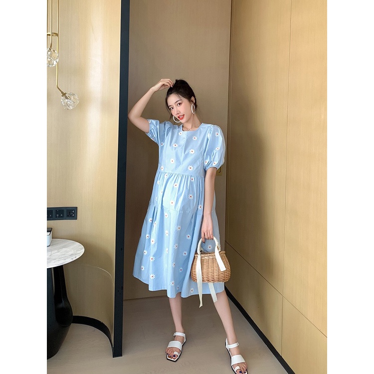 Váy đầm bầu họa tiết hoa thêu thiết kế công sở, dự tiệc cho mẹ bầu phong cách hàn quốc sang trọng lịch sự mới mùa hè