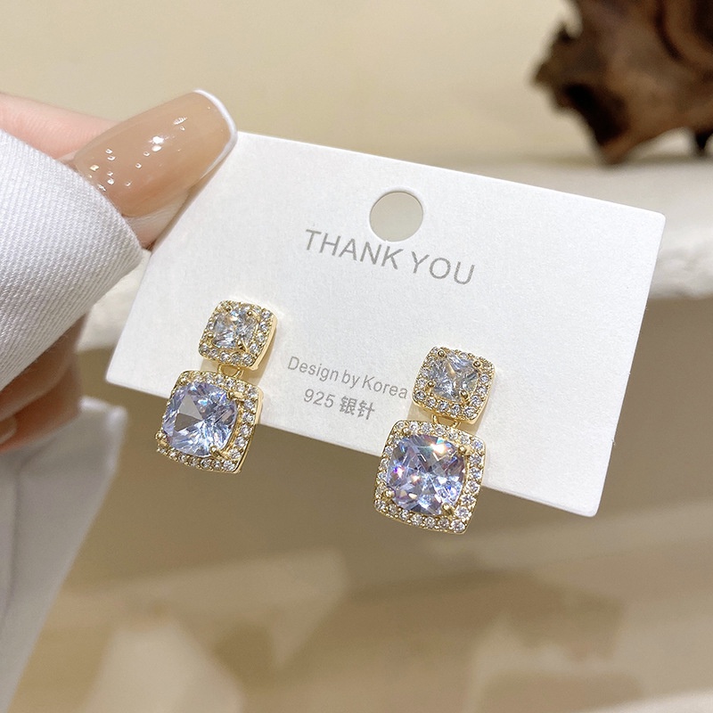 Bông Tai Mạ Vàng/Bạc Đính Đá zircon Hình Vuông Cỡ Lớn Phong Cách Hàn Quốc Đơn Giản Thời Trang