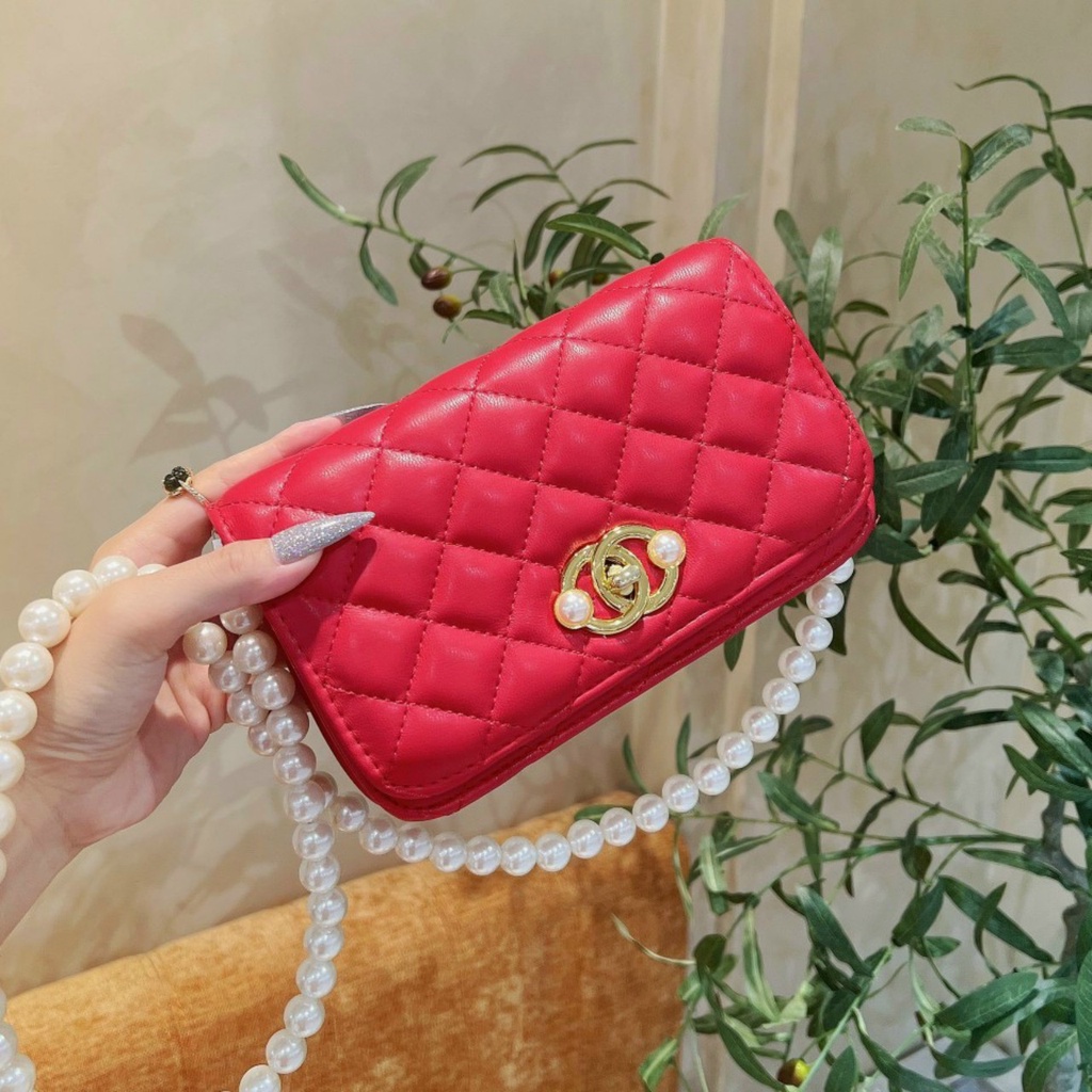 Túi xách nữ đeo chéo đẹp phối dây ngọc đi chơi dự tiệc da pu ô trần trám thời trang cao cấp TX-117
