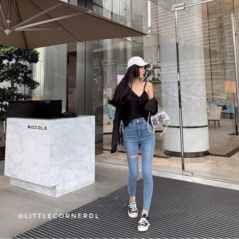 Quần Denim Jean Ôm Nữ Rách Ngang Co Dãn Hàng Cao cấp Topshop