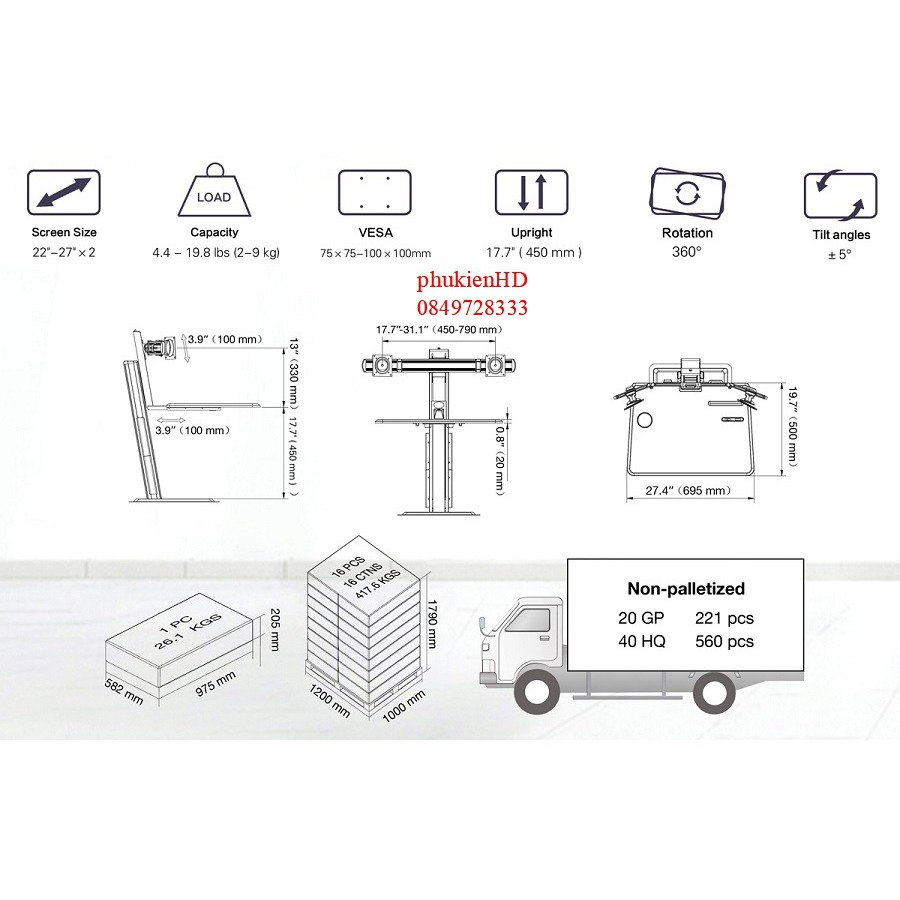 Giá đỡ 2 màn hình máy tính NB S100 22-27inch