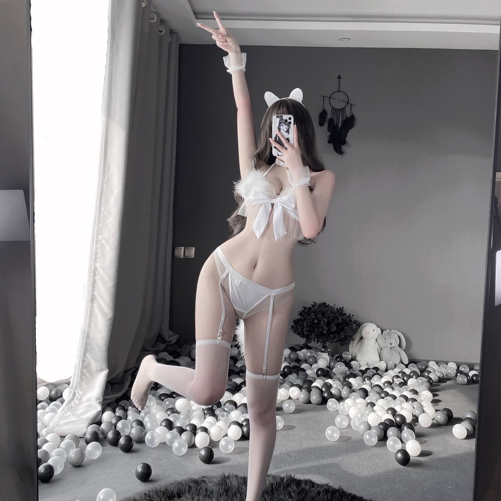 Đồ ngủ sexy đồ ngủ nữ cosplay mèo 1 sexy ren lưới hoa văn màu trắng freesize QUENQUEN store a1 | WebRaoVat - webraovat.net.vn