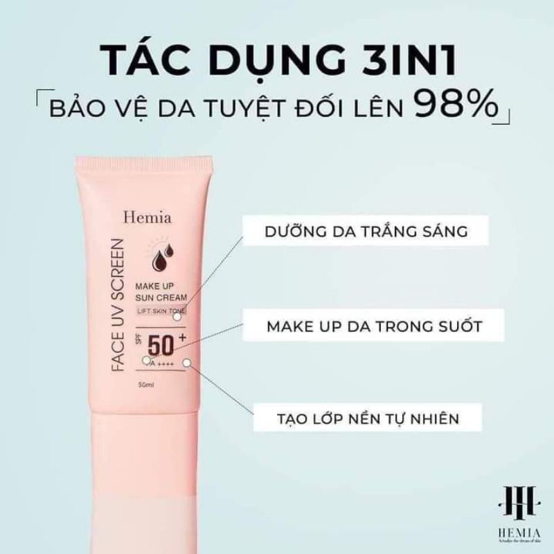 Kem chống nắng Hemia Hàn quốc, bảo vệ da SPF 50+, makup tự nhiên, thấm nhanh, da mịn màng