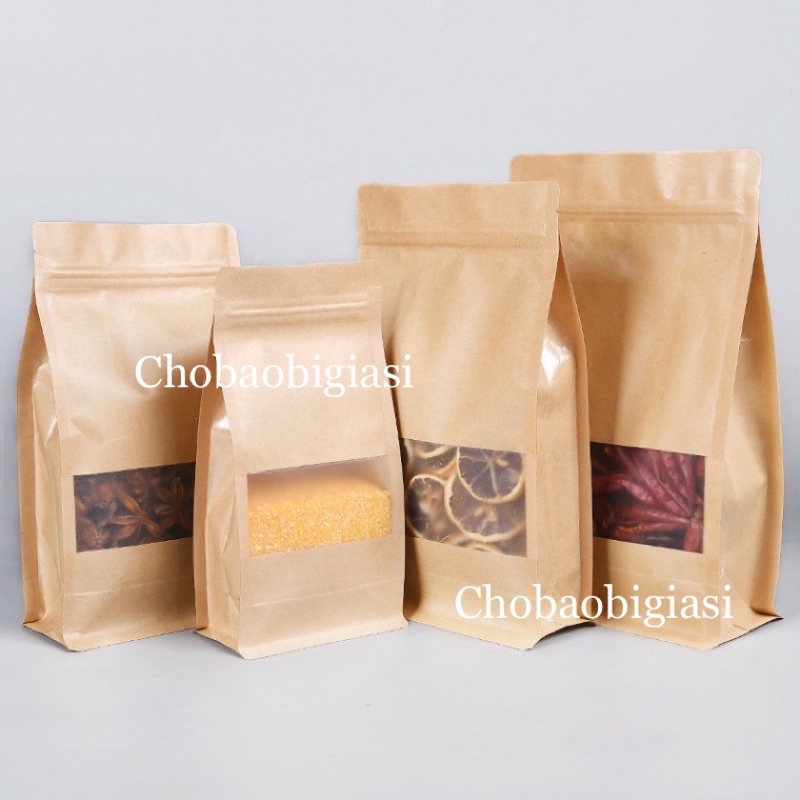 {1kg/ size} Túi zipper giấy Kraft Vàng 8 CẠNH đáy đứng cửa sổ tràn CÁN MÀNG-CHỐNG THẤM NƯỚC (có sẵn 6 size - sp y hình)