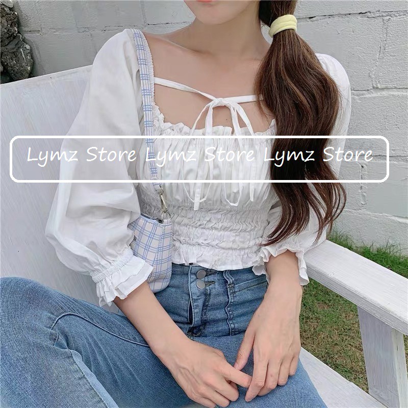 [Ảnh thật/Video] Áo dây buộc nơ trắng đậm phong cách Korea  hàng Quảng Châu áo buộc nơ sexyy Lymz Store
