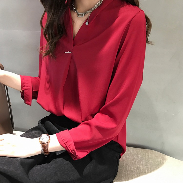 Áo sơ mi cổ V tay dài màu trơn thời trang cho nữ