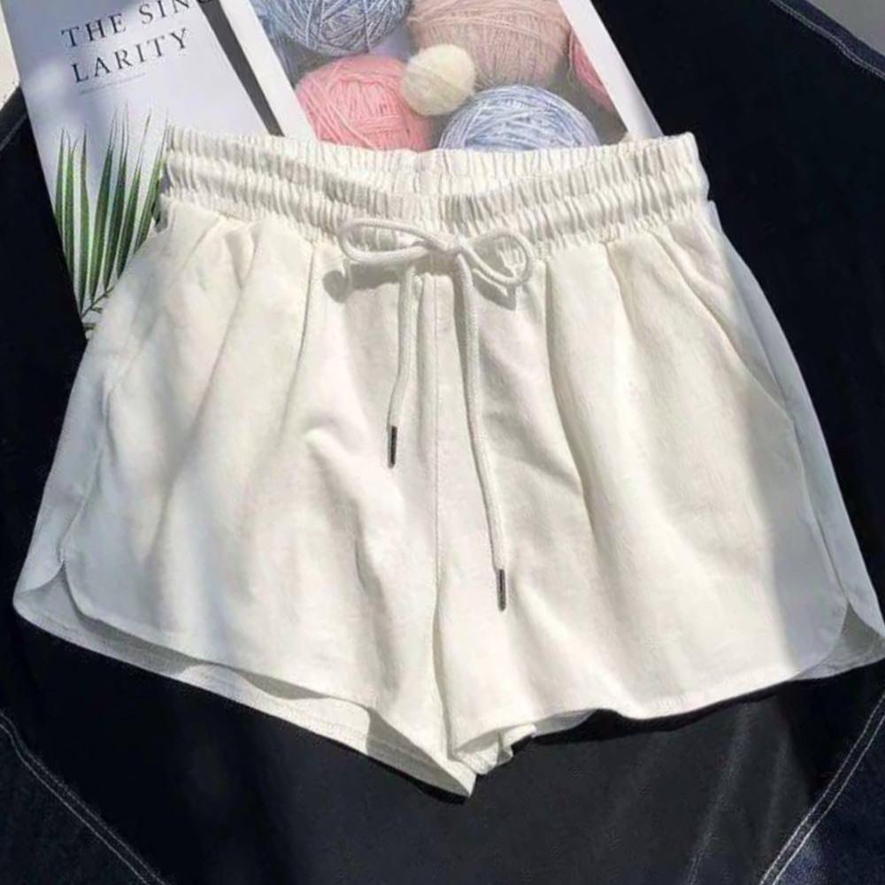 Quần ngắn ống rộng màu trơn dây rút phong cách hè cho nữ