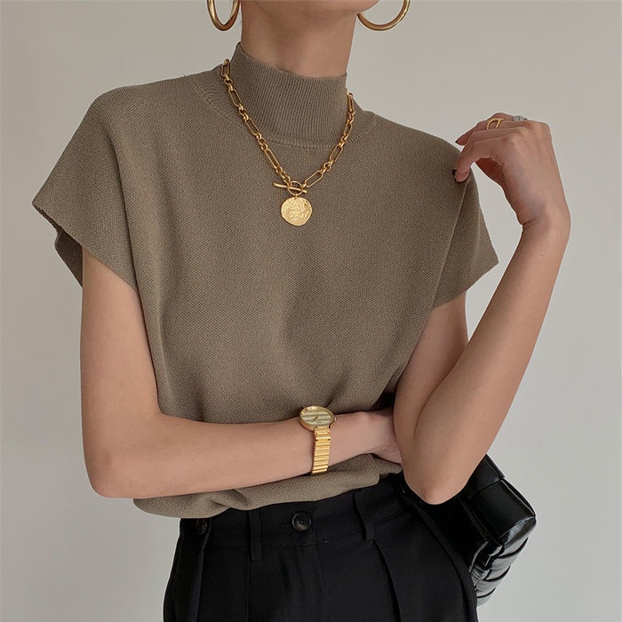 Áo Dệt Kim Sát Nách Cổ Lọ Dáng Rộng Phong Cách Pháp Thời Trang Mùa Hè Cho Nữ