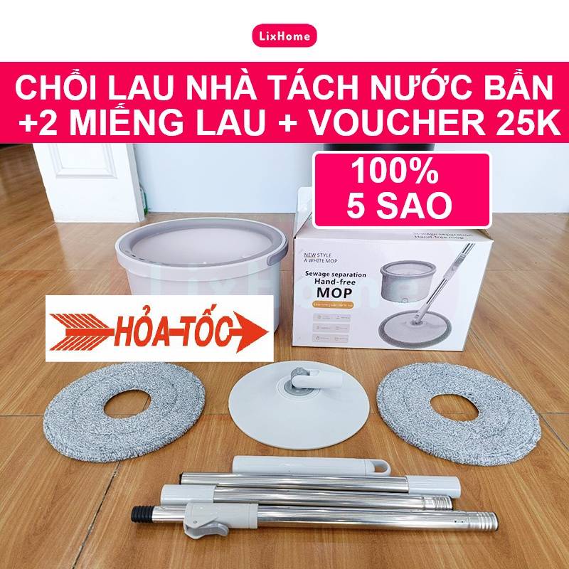 Chổi lau nhà thông minh xoay vắt 360 tách nước bẩn và nước sạch, Cây lau nhà kèm thùng cán inox tặng kèm 2 bông lau