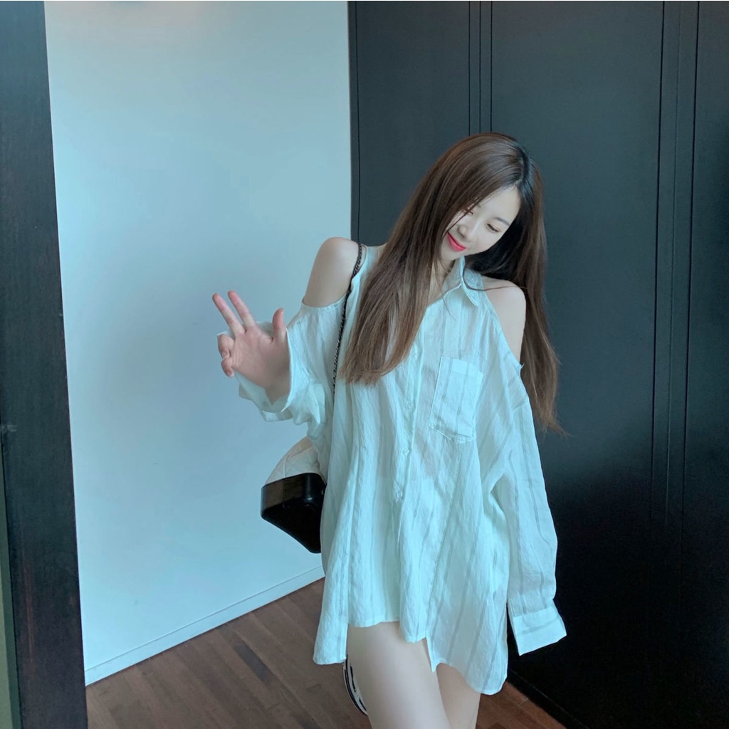 Áo Kiểu Dài Tay Trễ Vai Họa Tiết Kẻ Sọc Thiết Kế Mới Thời Trang Cho Nữ