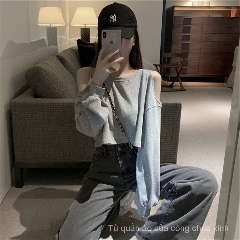 Áo Thun Tay Dài Trễ Vai Dáng Rộng Thời Trang Mùa Thu Sành Điệu Cho Nữ 2021