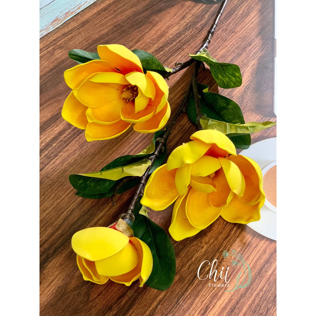 Hoa giả hoa lụa - Hoa mộc lan 3 bông chất PU đẹp trang trí nội thất cao cấp nhập khẩu Hà Nội Chiiflower CH43