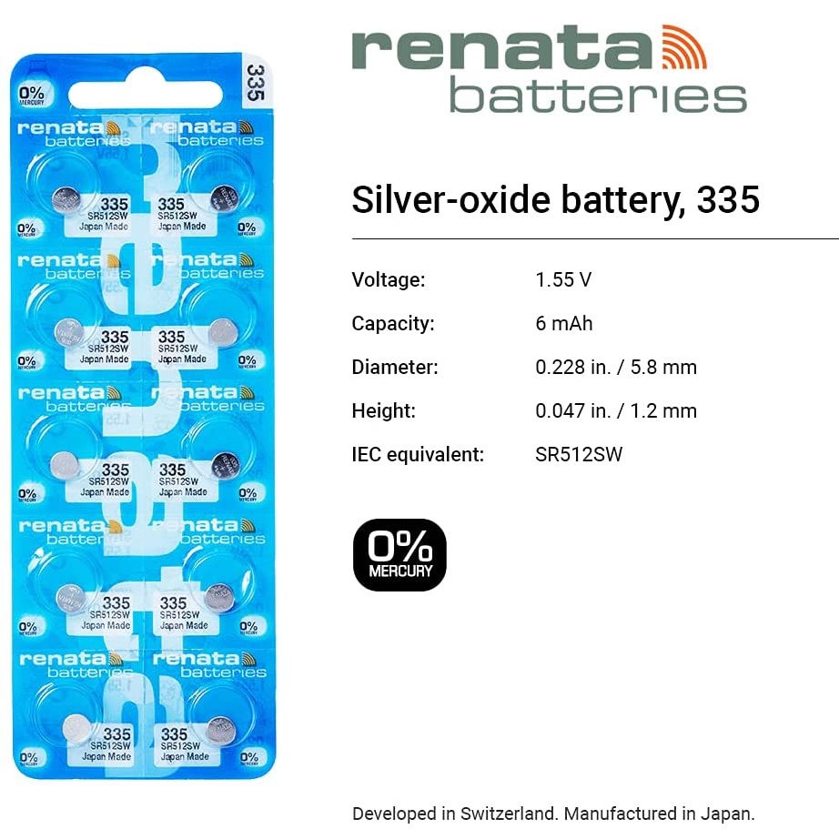 Pin đồng hồ Thụy Sỹ RENATA 335/ SR512SW oxide bạc Made in Swiss (Dạng Vỉ 10 Viên)