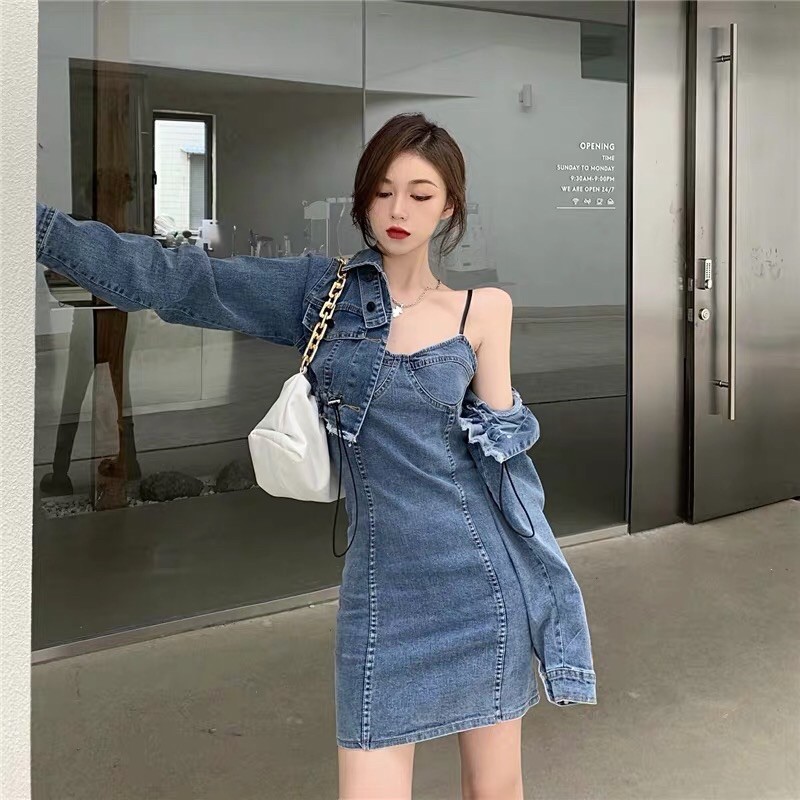 Set váy jeans kết hợp áo khoác jeans ulzzang croptop fashionita 2021