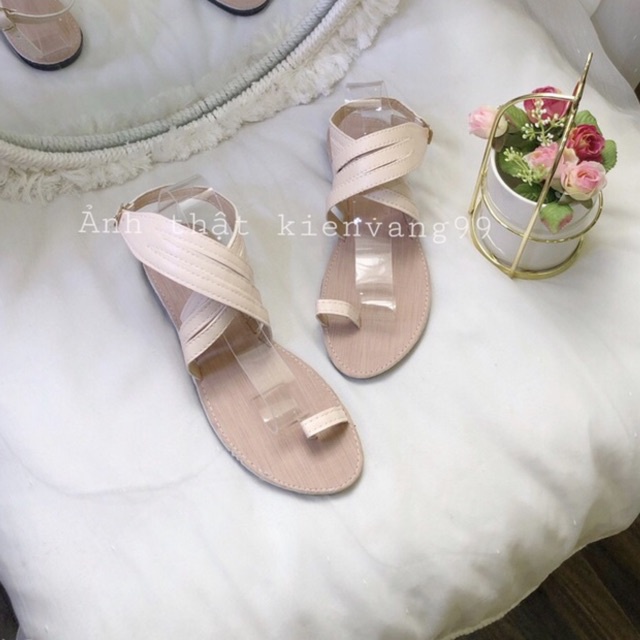 Sandal đế bệt xỏ ngón nữ nền vải quai da đế dẻo