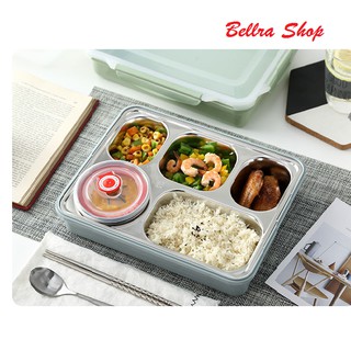 [Hàng Cao Cấp]Hộp Cơm Văn Phòng Khay Inox 5 Ngăn Có Bát Để Canh Bọc Nhựa Bên Ngoài - Giá Điện Thoại Tặng Thìa Đũa Inox