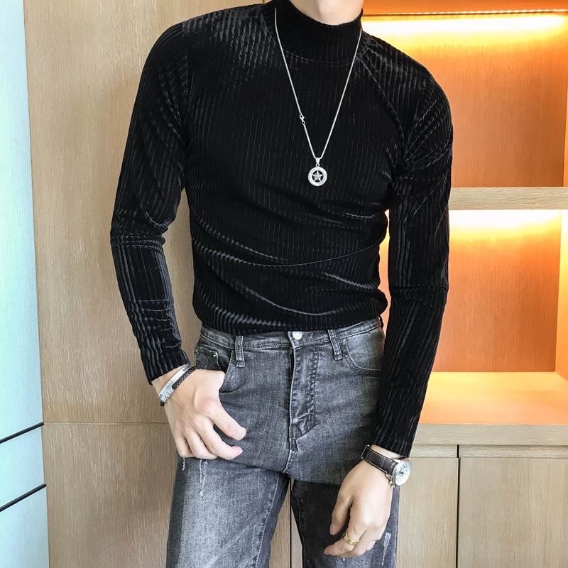 Áo Thun Tay Dài Cổ Lọ Vải Nhung Giữ Ấm 6 Kiểu Họa Tiết Kẻ Sọc Size M-5Xl Thời Trang Mùa Xuân Cho Nam