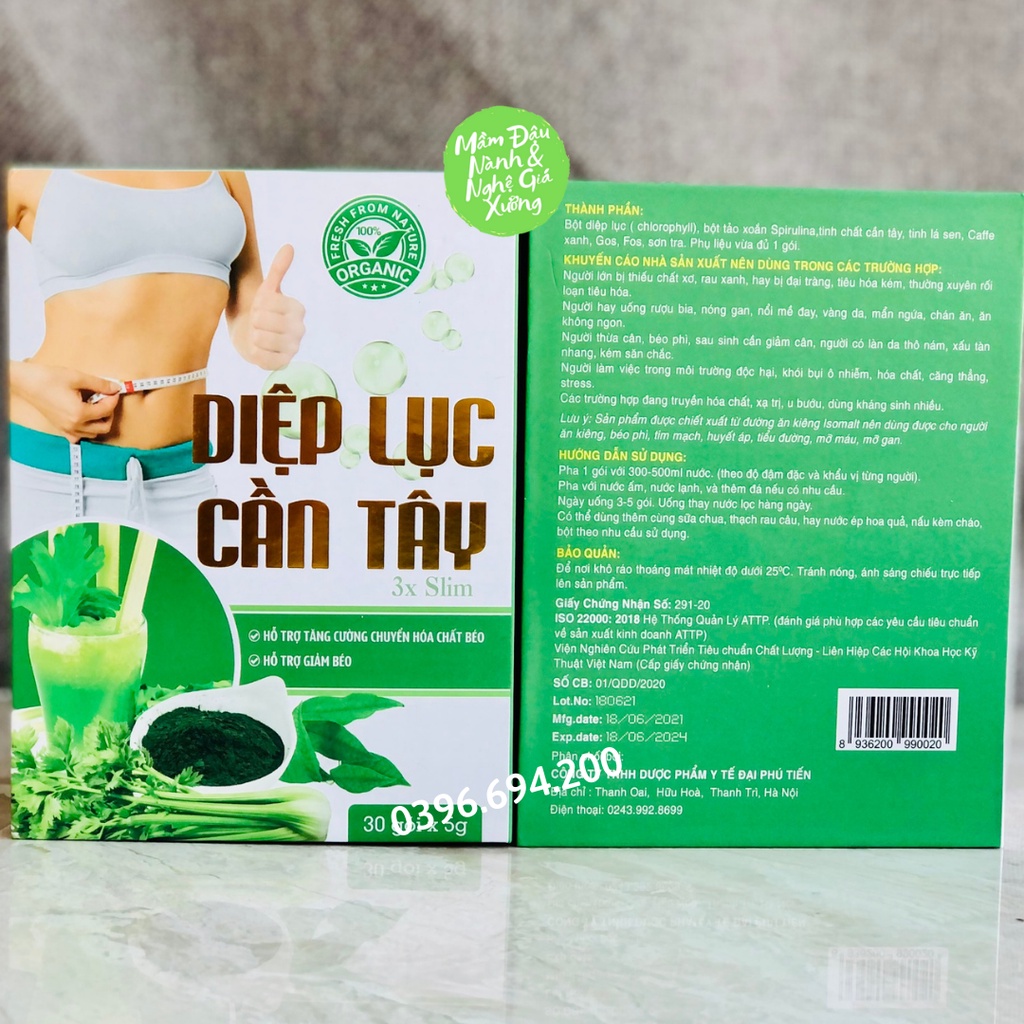 Bột diệp lục cần tây 3x Slim hàng chính hãng hỗ trợ giảm cân, đẹp da, thải độc, hỗ trợ bổ sung chất xơ