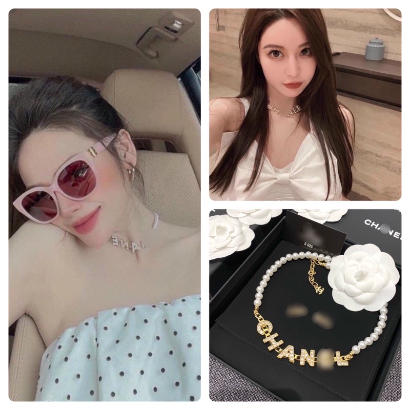 Vòng cổ CN ngọc đính đá pha lê dây chuyền nữ chất liệu ngọc nhân tạo sang chảnh