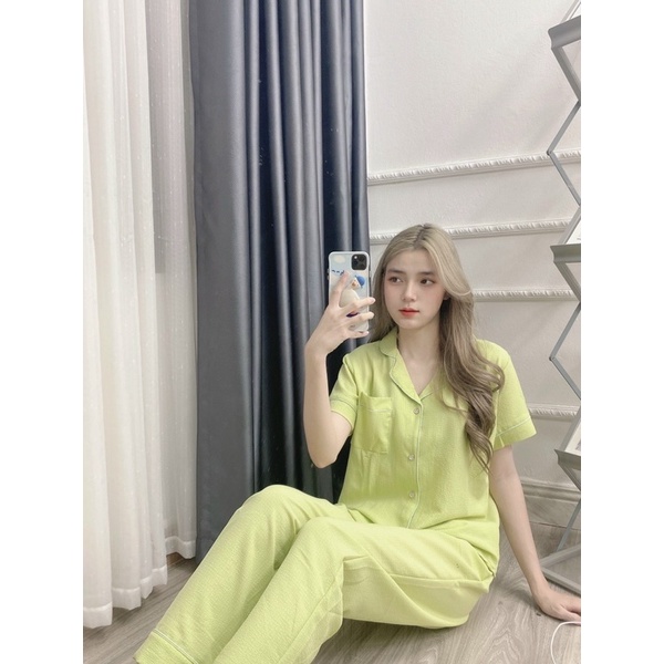 Bộ pijama chất đũi xốp mặc nhà mẫu trơn áo cộc quần dài