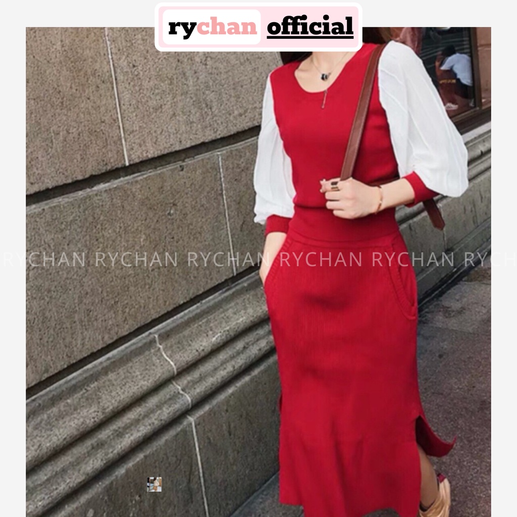 DX790 - Đầm Xòe Nhẹ Tông Đỏ Phối Tay Voan Trắng