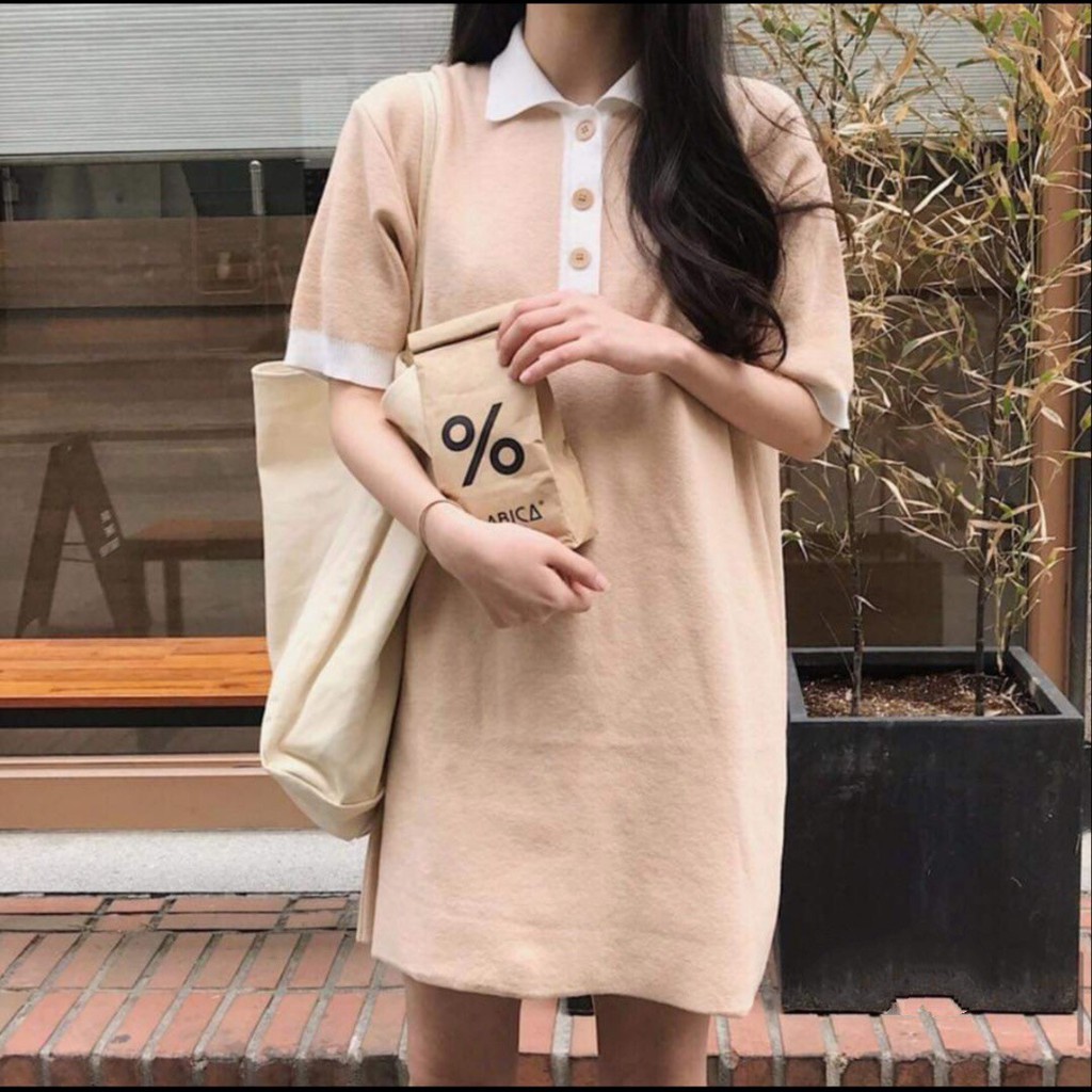 VÁY POLO KEM VIỀN CỔ XANH TRẮNG - ÁO VÁY POLO BE VIỀN PHỐI MÀU CÚC CÀI ULZZANG