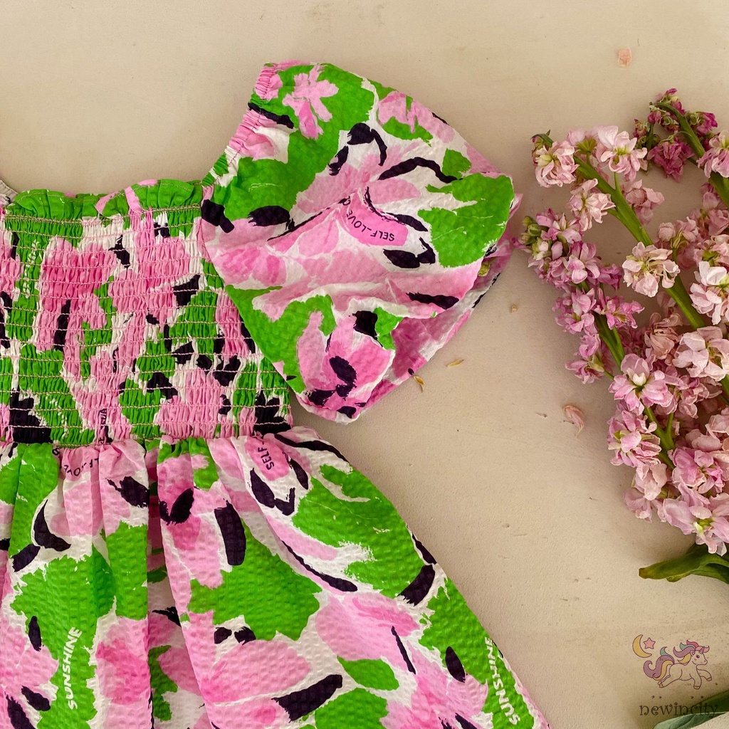 Đầm Công Chúa Tay Phồng Ngắn In Hoa Kiểu Hàn Quốc Thời Trang Mùa Hè Cho Bé Gái