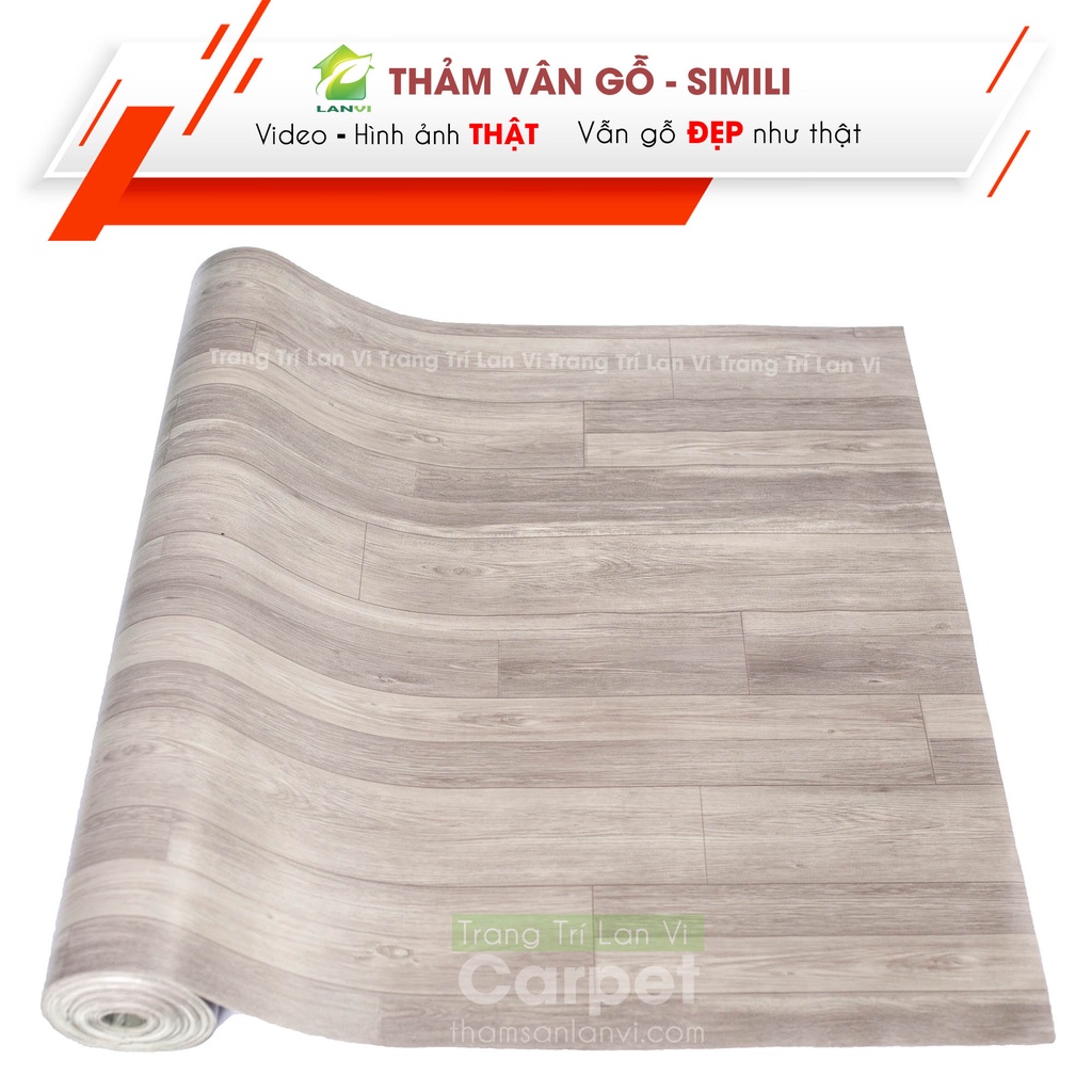 Thảm trải sàn simili, thảm lót sàn giả gỗ xám trắng chống nước nền nhựa pvc nhám khổ 1m