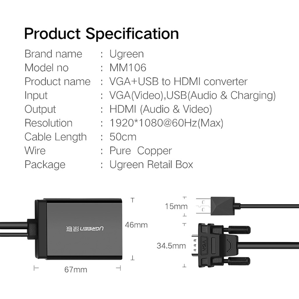  Dây Chuyển Vga Sang HDMI Cao Cấp UGreen MM106 - Kèm Cổng USB lấy nguồn và âm thanh