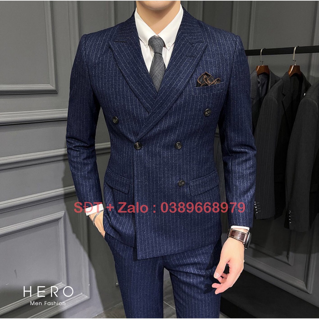 Bộ Vest Nam Cao Cấp 6 Cúc Kẻ Sọc Màu Xanh Than, Suit Nam Cao Cấp màu Tím Than