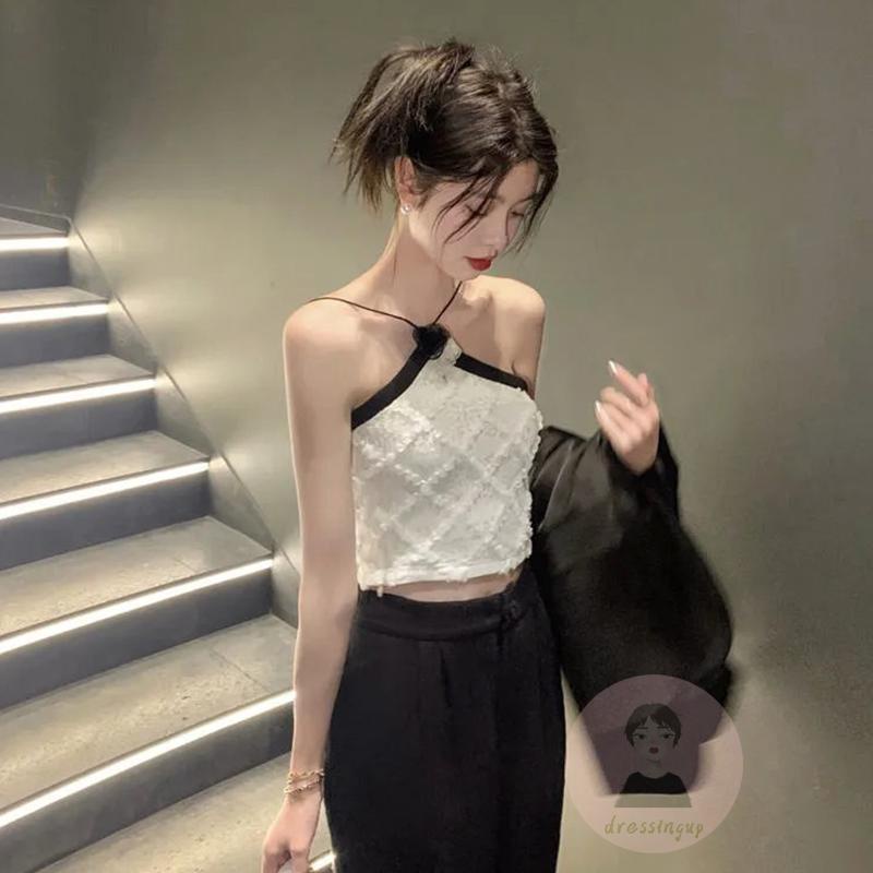 DRE-Women´s Summer Tank Tops,Camellia Embellishment Halter Sleeveless Asymmetric Slim Fit Tank Tops