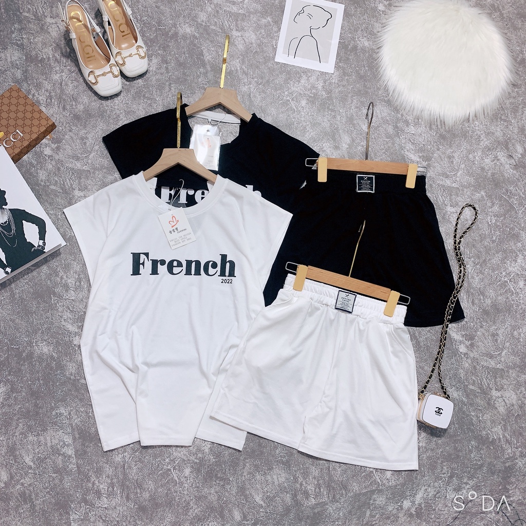 Bộ Mặc Nhà Nữ ✨FREESHIP✨ Set Bộ Tay Ngắn Quần Đùi Chất Cotton In Chữ French 2022 Thời Trang Thể Thao Nữ