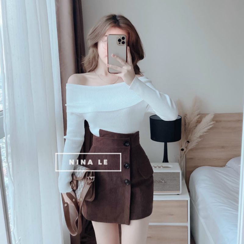 SET ÁO BỆT VAI KÈM CHÂN VÁY NHUNG ( hàng có sẵn )  ALOHASHOP91