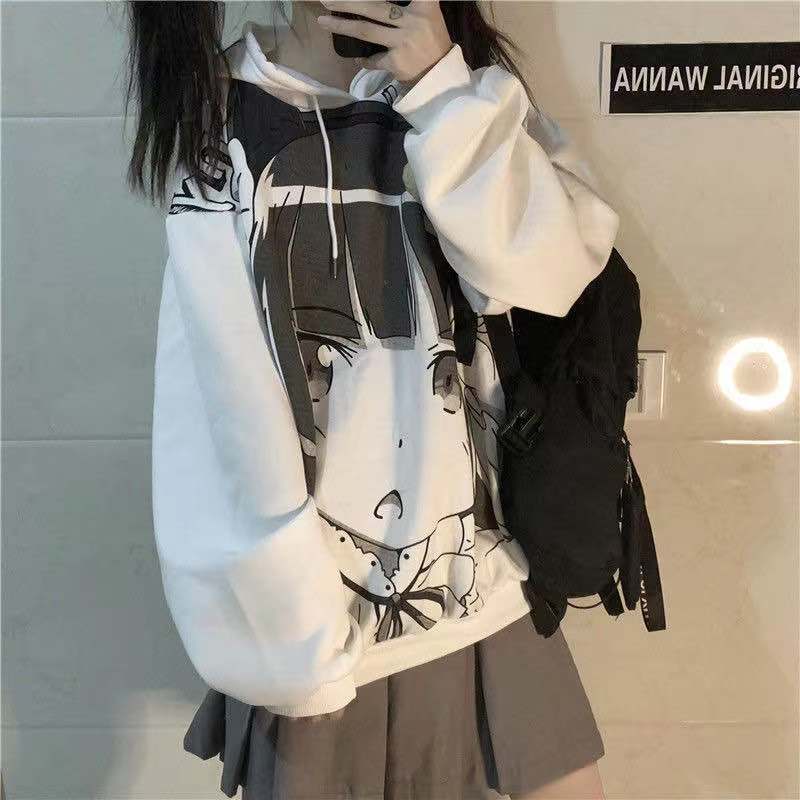 Áo Hoodie Tay Dài Dáng Rộng In Hình Truyện Tranh Cá Tính Phong Cách Hàn Quốc