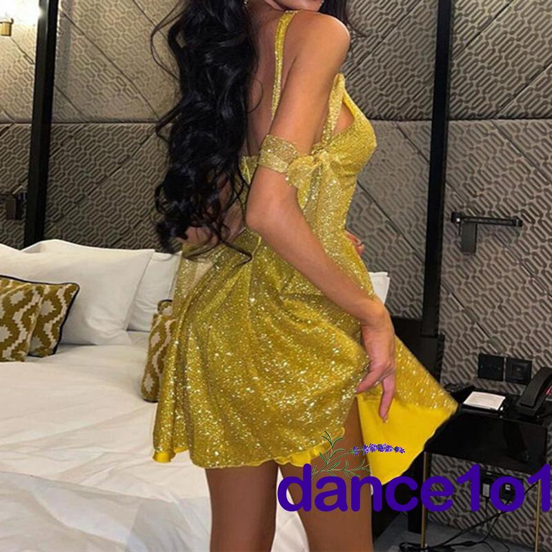 ♂Wm✩Đầm Hai Dây Cổ Chữ V Màu Sắc Lấp Lánh Thời Trang Dành Cho Nữ