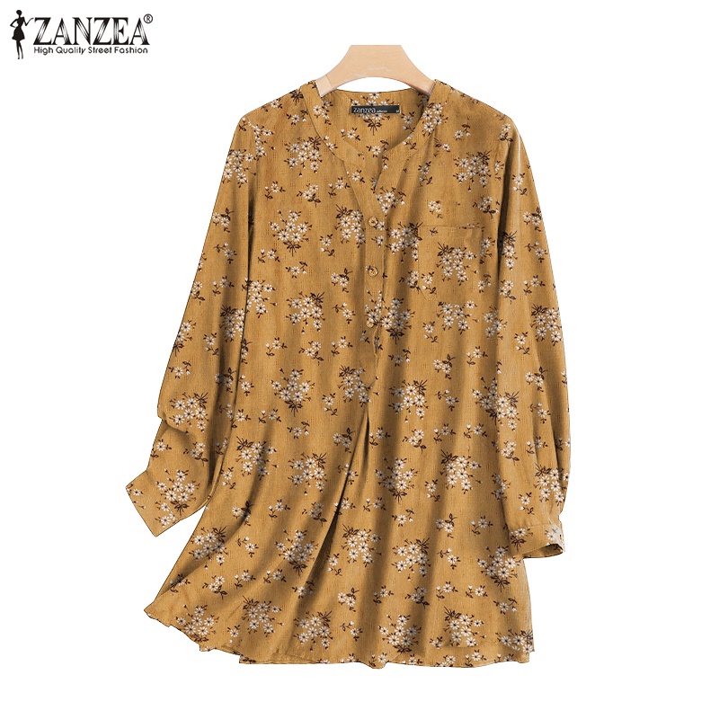 ZANZEA Áo Sơ Mi Tay Dài Cổ Chữ V In Họa Tiết Vintage Thời Trang Cho Nữ