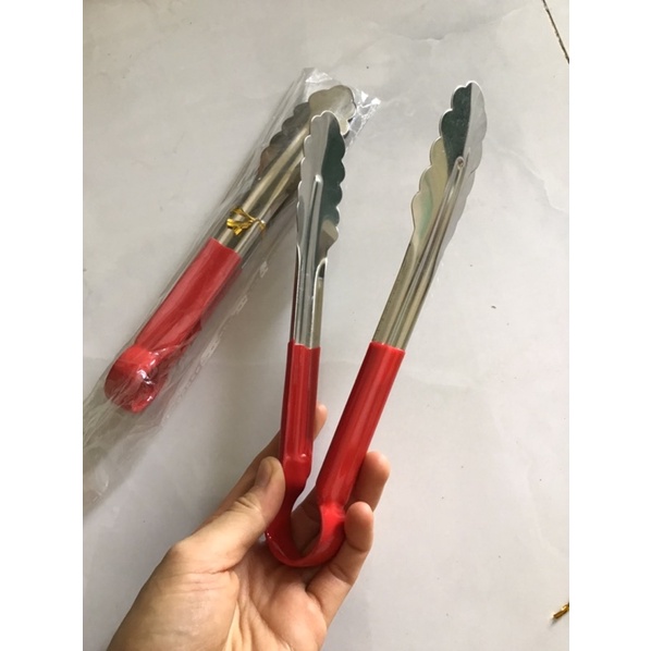 Kẹp gắp thức ăn inox, kẹp gắp đồ nóng cán đỏ dài 22cm