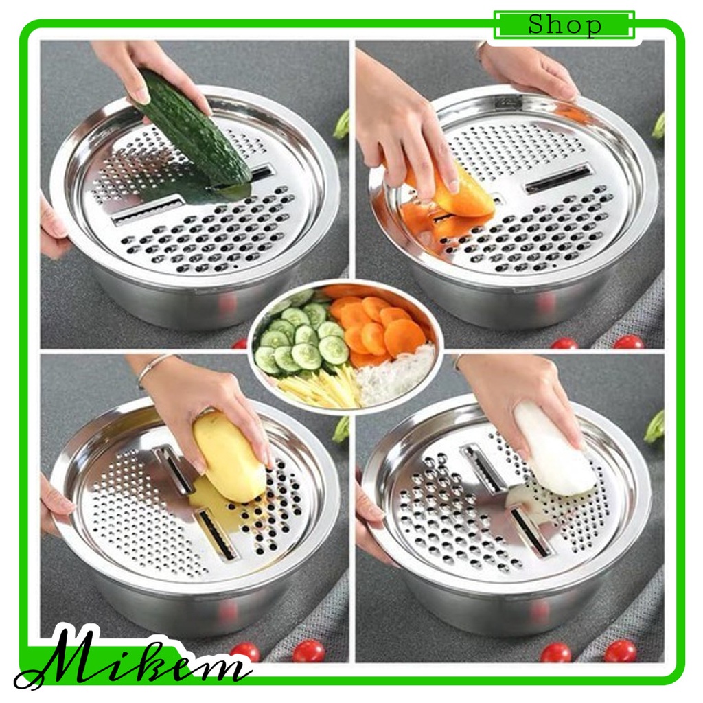 Bộ Thau Rổ bào inox tiện lợi 26 cm, Mâm nạo củ quả tiện lợi 3 trong 1/RỔ BÀO RAU CỦ INOX - BỘ THAU RỔ BÀO RAU CỦ INOX