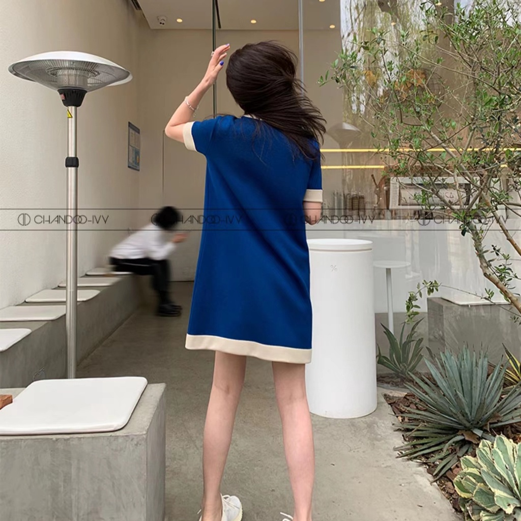 SUXI Đầm Dệt Kim Tay Ngắn Cổ Tròn Thiết Kế Đơn Giản Phong Cách Vintage