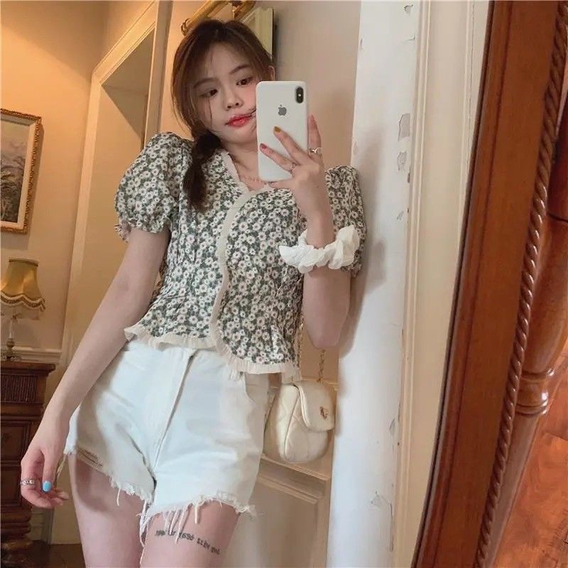 Áo sơ mi COZOKC vải voan tay ngắn in hoa thời trang