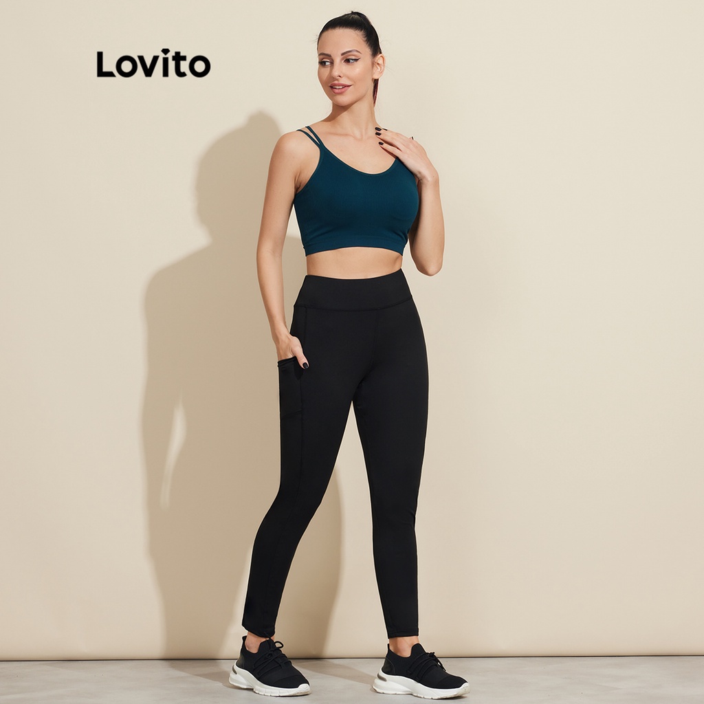 Quần legging Lovito màu trơn có túi lộ mắt cá chân phong cách thể thao cơ bản phù hợp tập Yoga L18X700 (Màu đen)