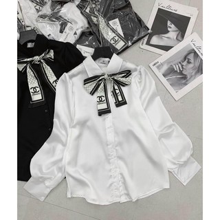 Áo sơ mi lụa dài tay buộc nơ