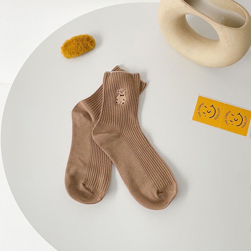 Tất bèo nữ cổ cao, vớ cổ cao vải cotton thêu hình chú Gấu Teddy phong cách thời trang Hàn Quốc - TD68 [Set 5 Đôi ]
