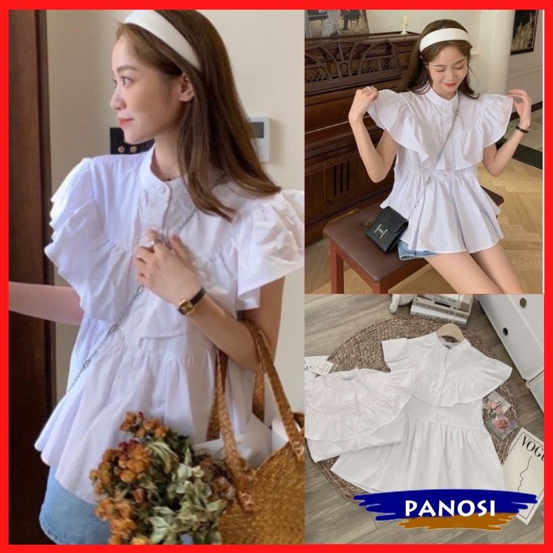 Áo sơ mi nữ ngắn tay áo kiểu nữ cộc tay thiết kế cổ trụ tay bồng tiểu thư PANOSI - Mã A108