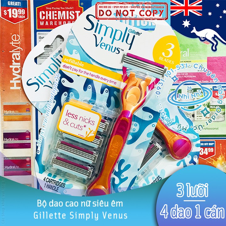 🚀Bill Úc🚀 Bộ dao cạo nữ Gillette Venus siêu êm 🌸 3 lưỡi - 4 đầu dao 🌸 Gillette Simply Venus 🌸 Chemist Warehouse